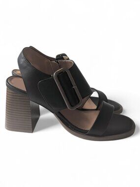 White Mountain Black Chunky Buckle Strap Stack Block Heel Sandals Size 7.5 NWOB